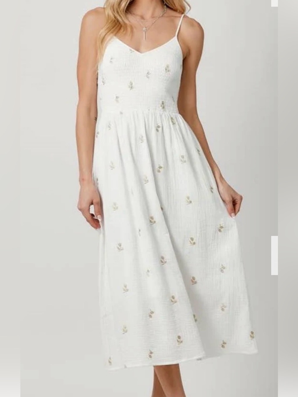 Mystree White Double Gauze Smocked Midi Dress with Delicate Floral Embroidery